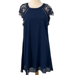 Altar'd State Women's Navy Blue Lined Dress Crochet Sleeve Keyhole Back Size L‎
